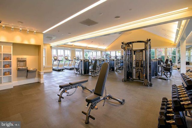 exercise room featuring vaulted ceiling