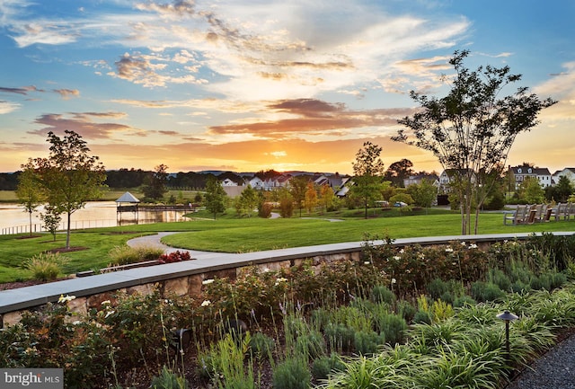 view of home's community featuring a water view and a lawn