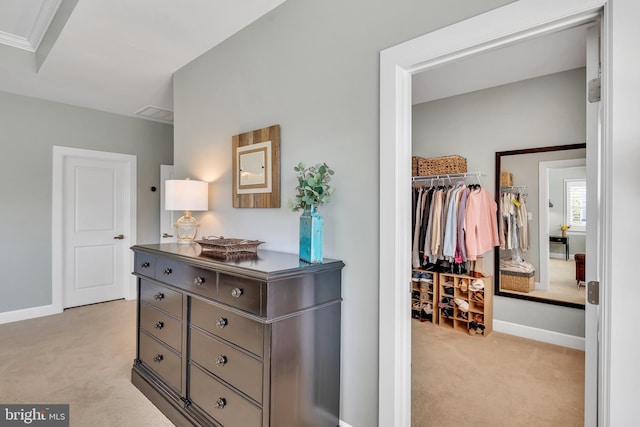 interior space featuring baseboards and light colored carpet