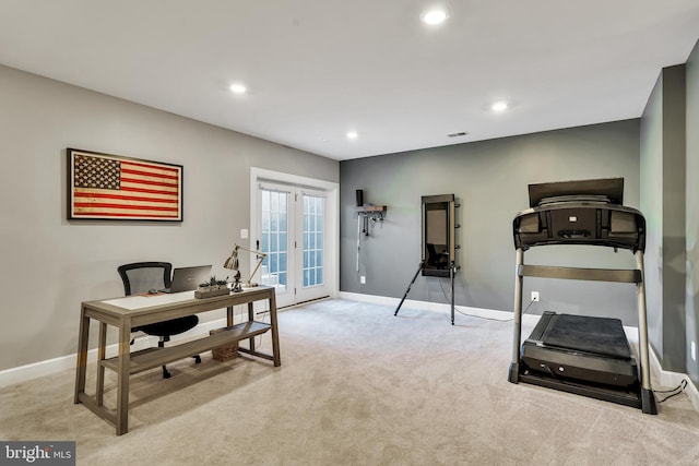 workout area featuring light carpet, french doors, recessed lighting, and baseboards