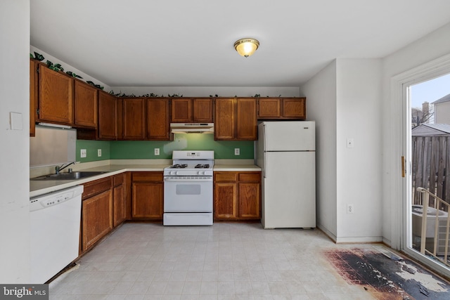 kitchen featuring under cabinet range hood, white appliances, a sink, light countertops, and brown cabinetry