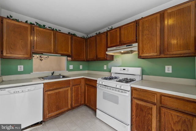 kitchen featuring white appliances, brown cabinets, light countertops, under cabinet range hood, and a sink