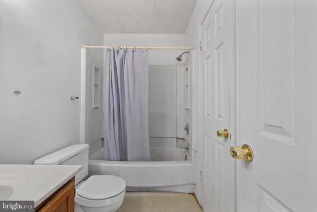 full bathroom featuring toilet, shower / bath combination with curtain, and vanity