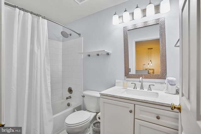 full bath featuring toilet, shower / tub combo, visible vents, and vanity