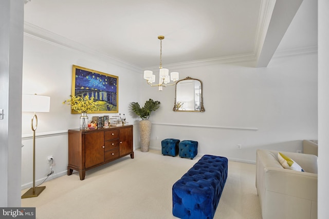 living area with ornamental molding, a chandelier, and carpet flooring