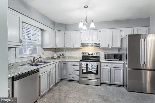 kitchen featuring backsplash, under cabinet range hood, light countertops, stainless steel appliances, and a sink