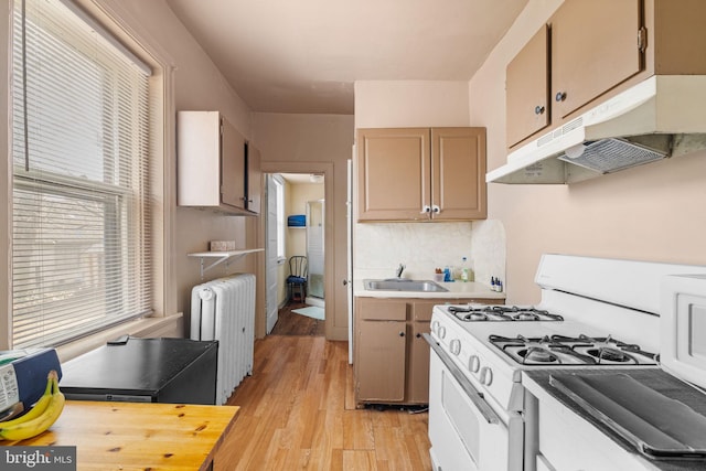 kitchen featuring under cabinet range hood, white appliances, a sink, light countertops, and radiator heating unit