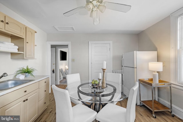 dining room featuring light wood-style floors, attic access, and a ceiling fan