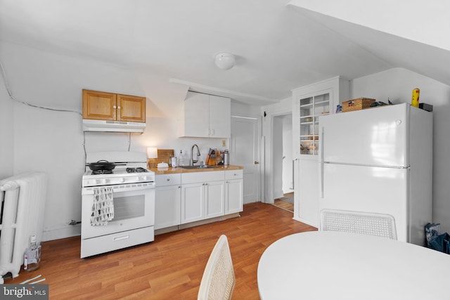 kitchen with white appliances, light wood finished floors, radiator, under cabinet range hood, and a sink