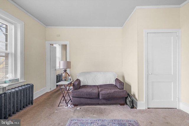 carpeted living room featuring radiator heating unit, baseboards, and crown molding