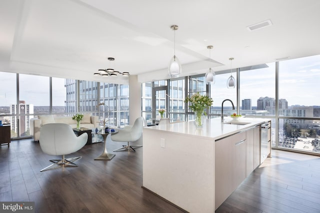 kitchen featuring expansive windows, dark wood-type flooring, visible vents, and a city view