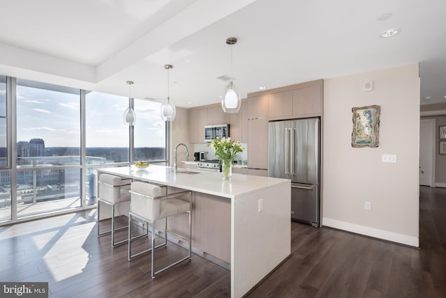 kitchen featuring a kitchen island with sink, stainless steel appliances, a sink, and dark wood finished floors