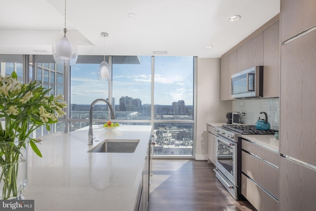 kitchen with a city view, tasteful backsplash, light countertops, appliances with stainless steel finishes, and a sink