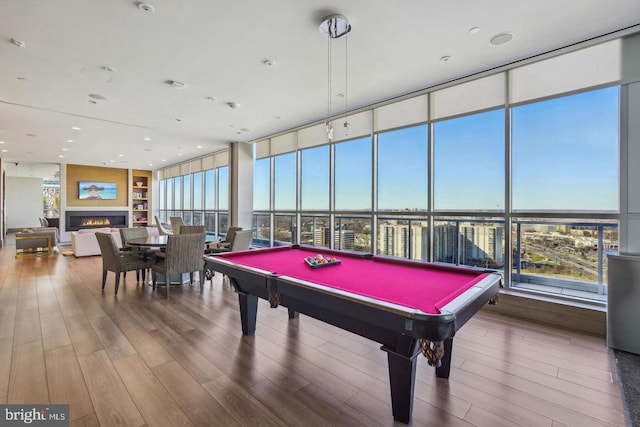 recreation room featuring expansive windows, a warm lit fireplace, wood finished floors, and a wealth of natural light