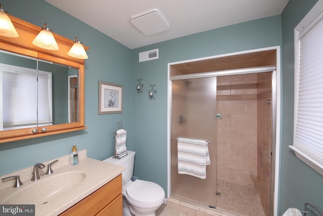 full bathroom with a stall shower, visible vents, toilet, tile patterned floors, and vanity