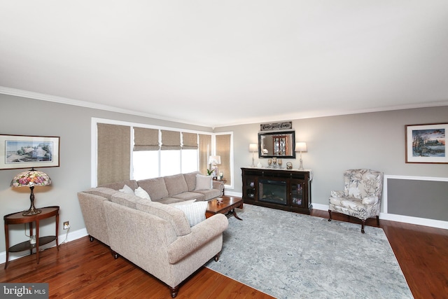 living area featuring a glass covered fireplace, crown molding, baseboards, and wood finished floors