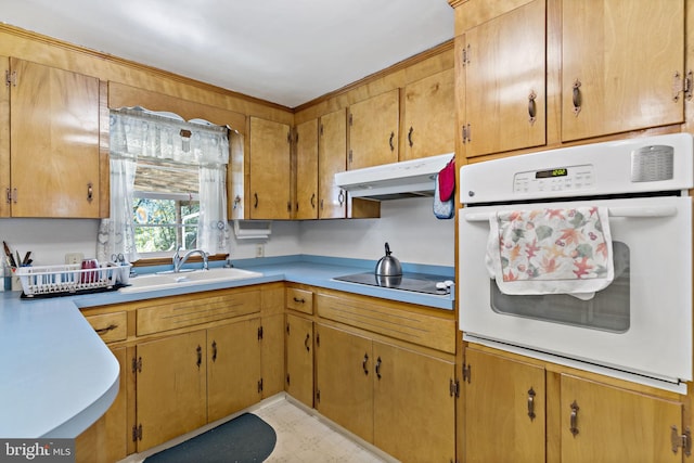 kitchen with under cabinet range hood, a sink, white oven, black electric cooktop, and light floors