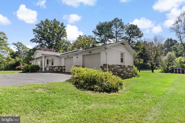 view of property exterior featuring aphalt driveway, a lawn, stucco siding, a garage, and stone siding