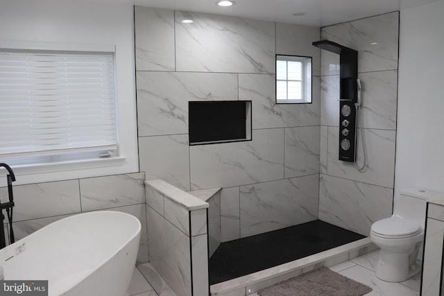 210 Potomac Ridge Dr, Fort Washington, MD 20744 - full bathroom with toilet, a tile shower, recessed lighting, a freestanding tub, and marble finish floor