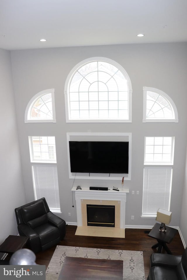 210 Potomac Ridge Dr, Fort Washington, MD 20744 - living area with recessed lighting, dark wood-type flooring, baseboards, and a premium fireplace