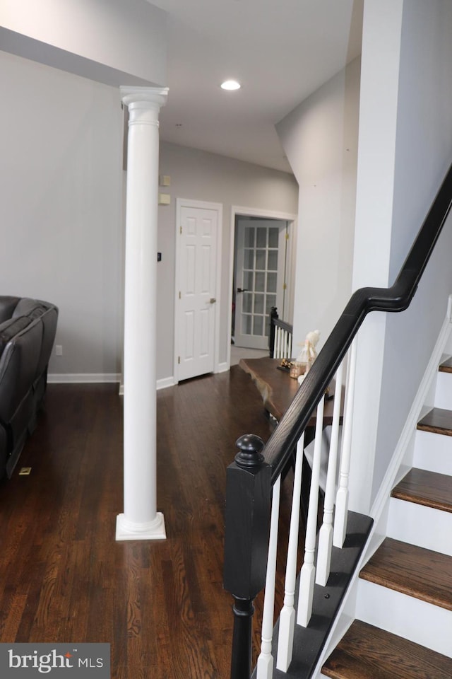 210 Potomac Ridge Dr, Fort Washington, MD 20744 - stairway featuring recessed lighting, wood finished floors, baseboards, and decorative columns