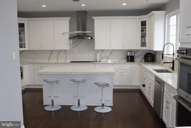 210 Potomac Ridge Dr, Fort Washington, MD 20744 - kitchen featuring stainless steel appliances, white cabinetry, wall chimney range hood, and a sink