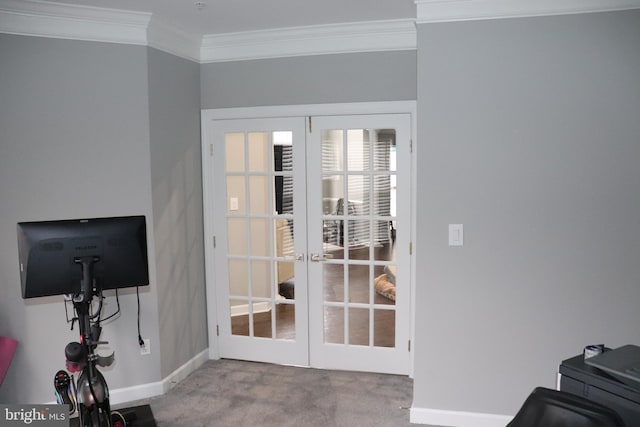 210 Potomac Ridge Dr, Fort Washington, MD 20744 - doorway to outside with french doors, baseboards, crown molding, and carpet