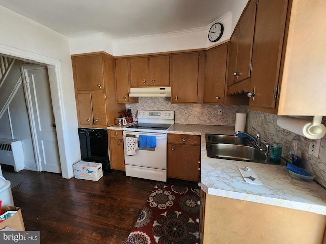 kitchen featuring tasteful backsplash, white range with electric stovetop, light countertops, under cabinet range hood, and a sink