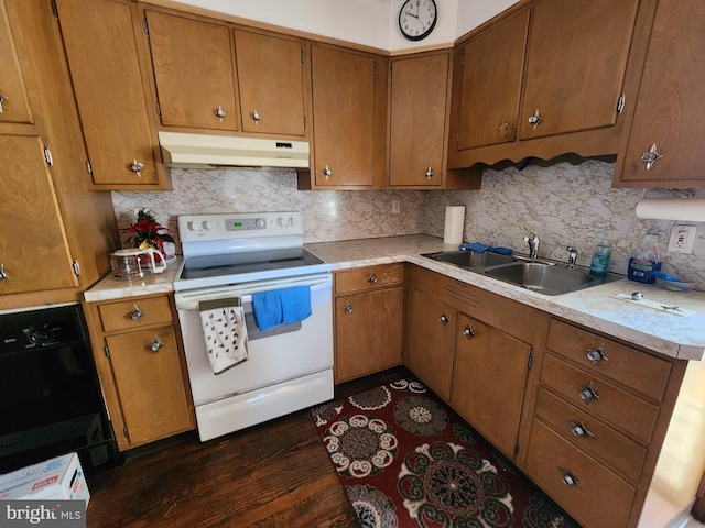 kitchen with under cabinet range hood, a sink, black dishwasher, light countertops, and white range with electric cooktop