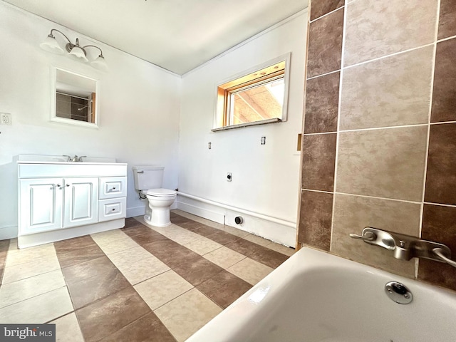 full bathroom featuring a bath, tile patterned flooring, vanity, and toilet