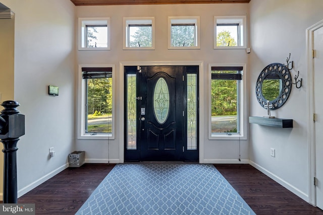 foyer featuring dark wood-style floors and baseboards