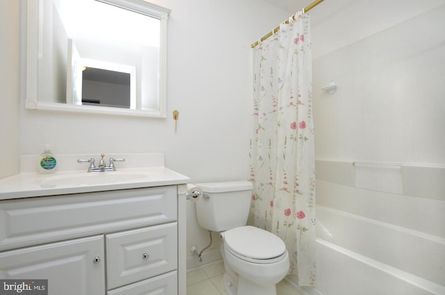 full bath featuring toilet, shower / bathtub combination with curtain, tile patterned flooring, and vanity