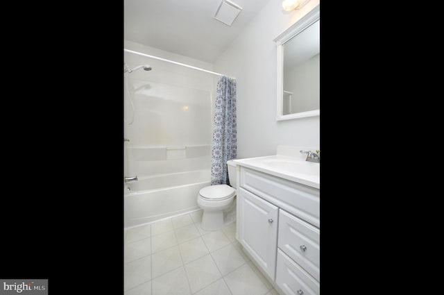 full bathroom with toilet, tile patterned floors, shower / tub combo, and vanity