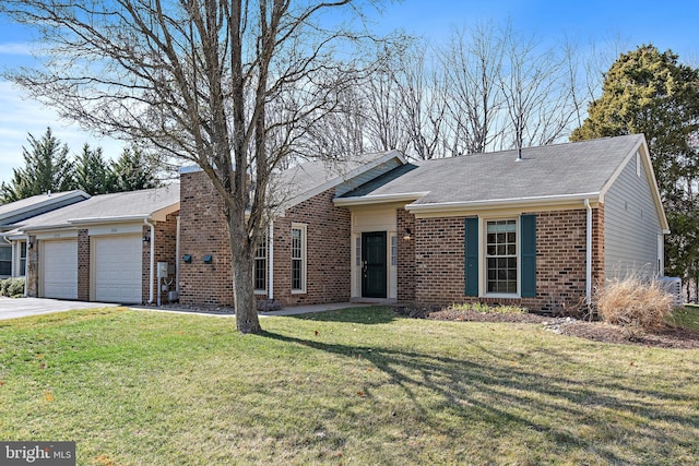 ranch-style home featuring an attached garage, brick siding, concrete driveway, a front lawn, and a chimney