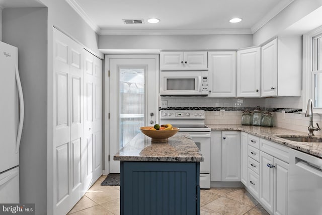 kitchen with tasteful backsplash, visible vents, white cabinetry, a sink, and white appliances