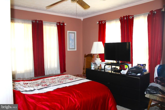 bedroom with ceiling fan and crown molding