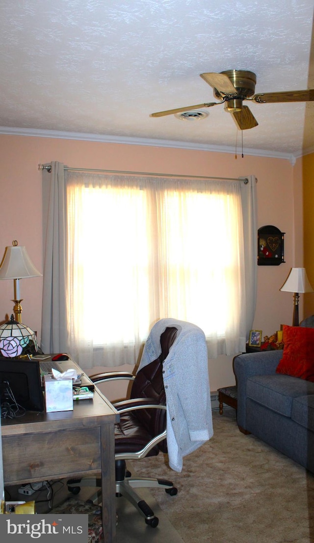 home office with a ceiling fan, plenty of natural light, ornamental molding, and a textured ceiling