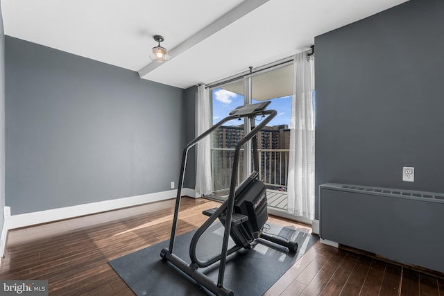 exercise room featuring wood-type flooring, expansive windows, and baseboards