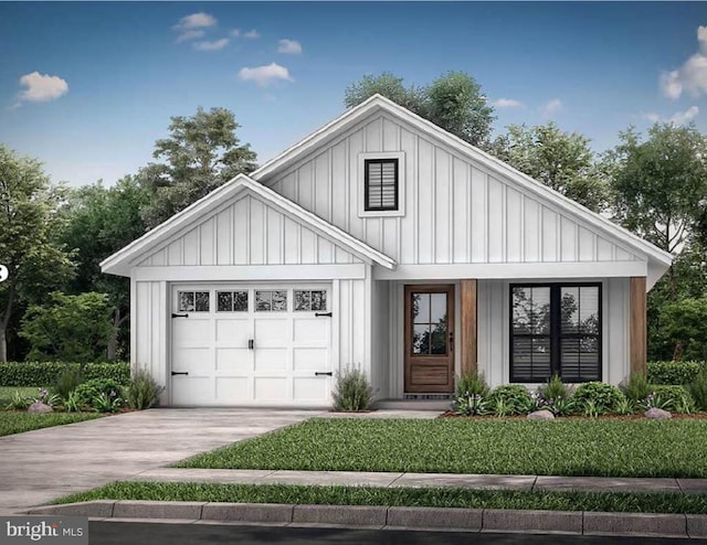 modern inspired farmhouse featuring board and batten siding, driveway, and a garage