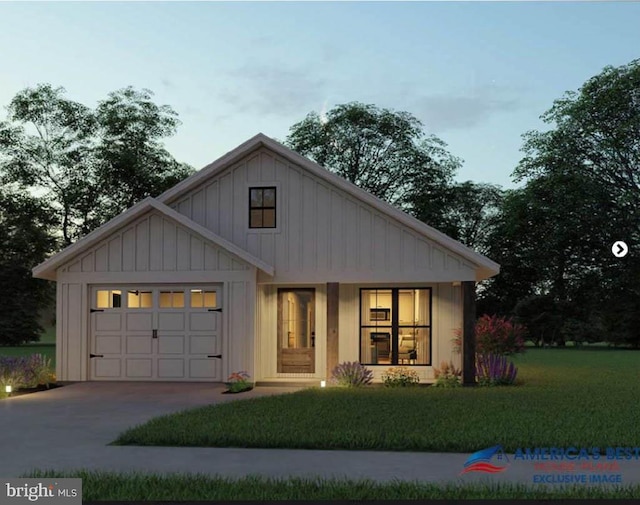 view of front of house featuring board and batten siding, a front lawn, driveway, and a garage