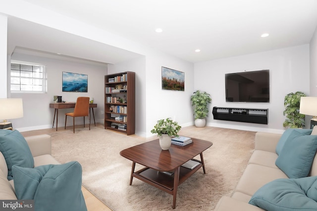 living area with baseboards, carpet floors, and recessed lighting