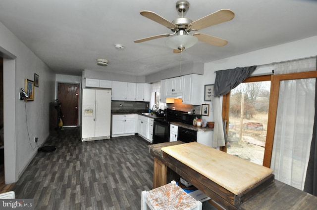 kitchen featuring dark wood-style flooring, a sink, a ceiling fan, white cabinets, and black appliances