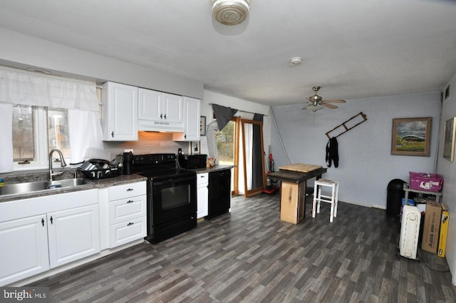 kitchen with a sink, under cabinet range hood, a wealth of natural light, and black electric range oven