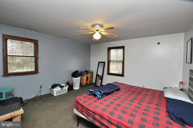 carpeted bedroom with multiple windows and a ceiling fan