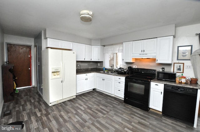 kitchen with black appliances, a sink, white cabinets, and under cabinet range hood