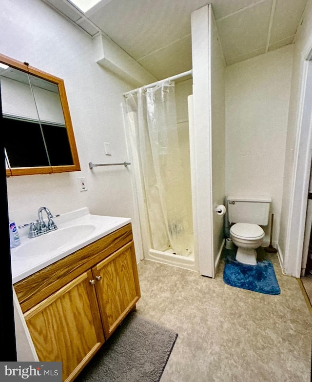 full bathroom featuring vanity, a shower stall, and toilet