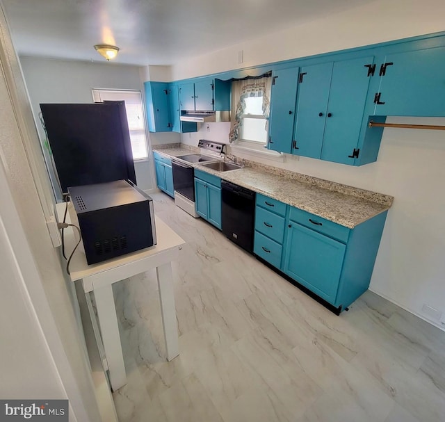 kitchen featuring blue cabinets, range with electric stovetop, black dishwasher, marble finish floor, and plenty of natural light