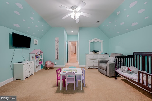 bedroom featuring vaulted ceiling, baseboards, visible vents, and light colored carpet