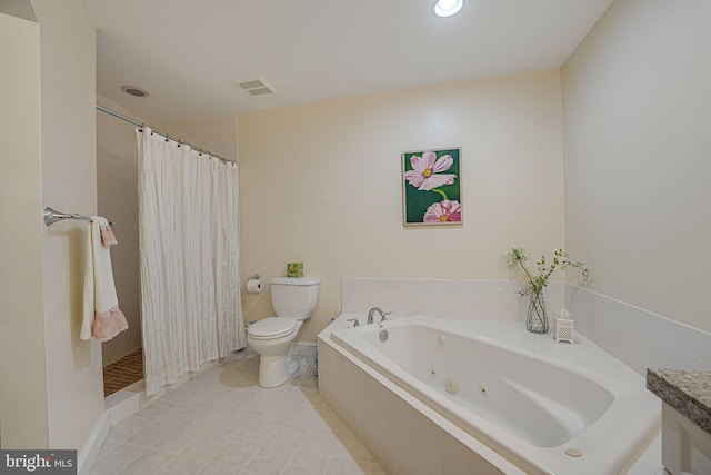 bathroom with curtained shower, visible vents, a whirlpool tub, and toilet