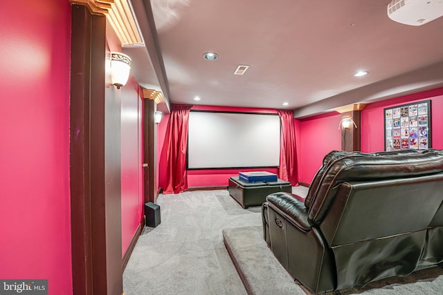 home theater with ornate columns, carpet flooring, visible vents, and recessed lighting